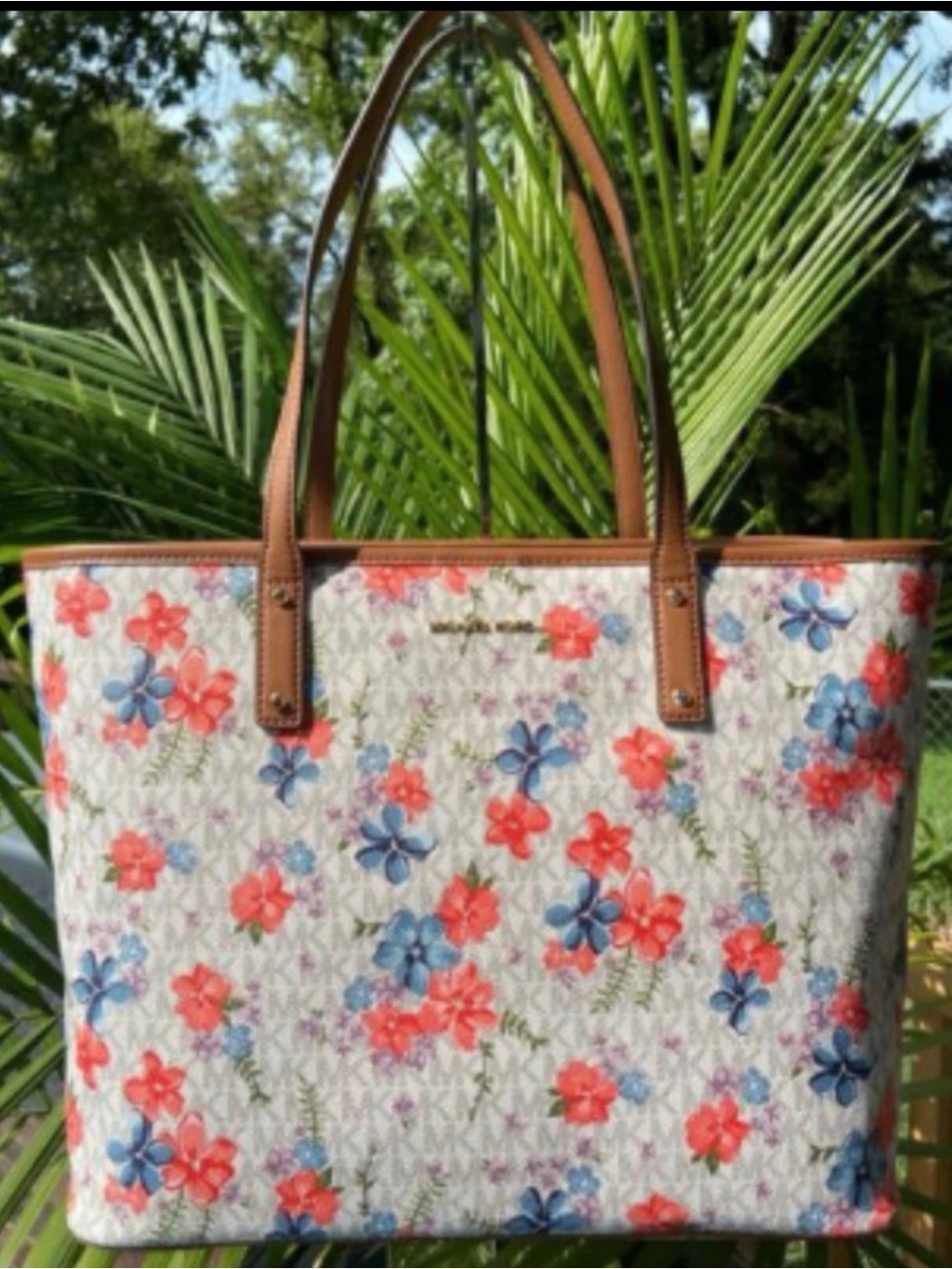 Michael Kors White Floral Tote with Coral & Blue Flowers